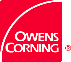 Owens Corning logo featuring bold white text on a red background with a curved graphic element.