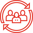 Three stylized figures within a circular arrow, symbolizing community and collaboration.
