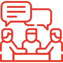 Three figures engaged in discussion, with speech bubbles indicating dialogue.