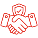 Red outline of a handshake with a shield symbol, representing trust and partnership.