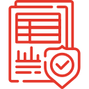 Red shield icon with a check mark, overlaying a document with graphs and data tables.
