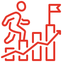 Running figure ascending bar graphs with an upward arrow and a flag at the top.