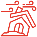 House with a slanted roof and swirling wind lines, symbolizing strong gusts or stormy weather.
